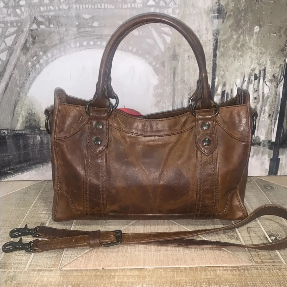 🤎🧡Frye Melissa Satchel Crossbody Bag Distressed Leather-Cognac-$388 - Picture 3 of 14